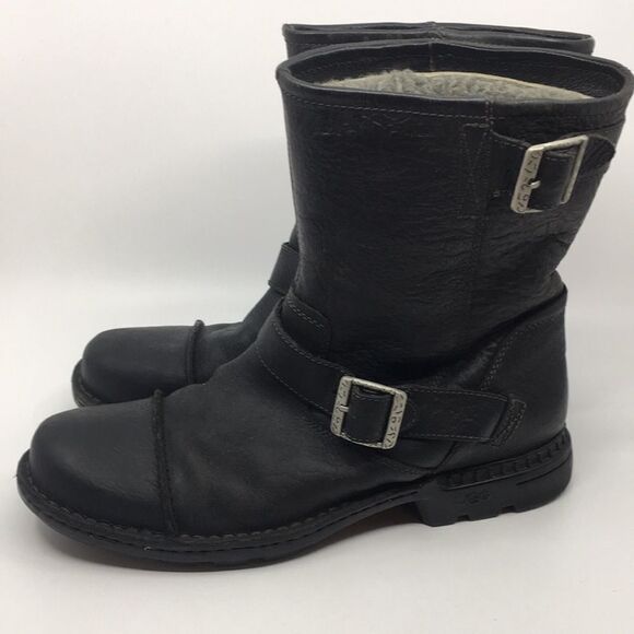 UGG Australia Lancing Black Leather Sherpa Lined Mid Ankle Moto Boots Sz 12 - Picture 9 of 16